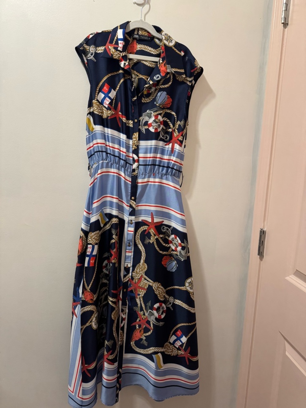 Zara nautical Navy & Light Blue Button-Front Midi Dress